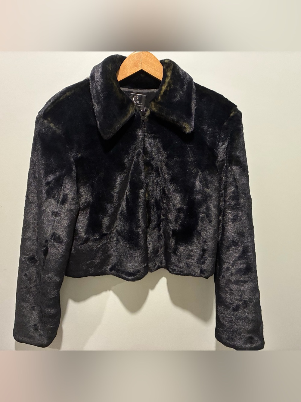 Plush Black Green Teddy Faux Fur Bomber Jacket Size Large